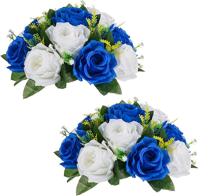 NUPTIO Flower Ball Arrangement Bouquet - 2 Pcs 9.5 inch Diameter Royal Blue Fake Artificial Roses Arrangements for Wedding Tables Centerpieces Decorations