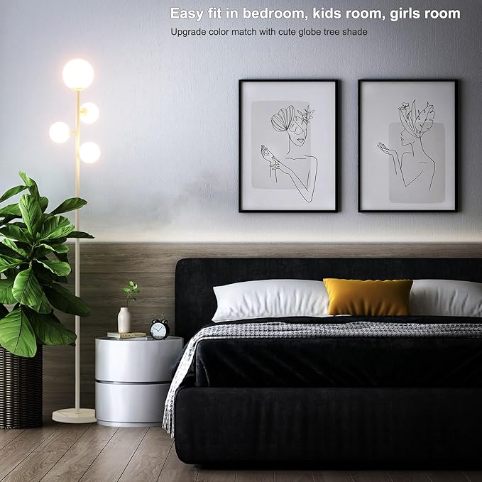 Fiqevs 4 Globe Floor Lamp for Living Room, Modern Standing Lamp with Frosted Sphere Glass Shade, 3000K Warm Light LED Bulbs Included, Tall Tree Lamp for Bedroom, Home & Office - White