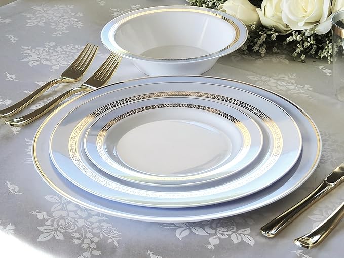 " OCCASIONS " 240 Plates Pack,(120 Guests) Heavyweight Premium Disposable Plastic Plates Set -120 x 10.5'' Dinner + 120 x 7.5'' Salad/Dessert (Ritz Blue and Gold)