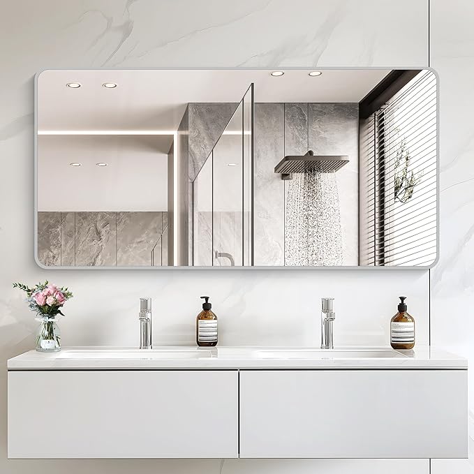 30x60 Inch Silver Bathroom Mirror, Large Rectangular Vanity Mirror, Metal Framed Rectangle Mirror, Rounded Corner Wall Mounted Mirrors for Living Room Bedroom Entryway Horizontal or Vertical