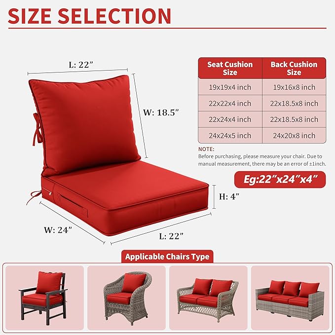 Premium Outdoor Seat Cushion Chair Cushions for Patio Furniture 22 L X 24 W X 4 H Waterproof & Fade Resistant Deep Seat and Backrest Cushion Set with Removable Covers for Chair, Sofa