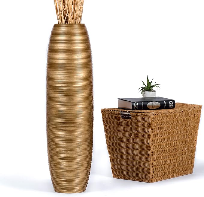 Leewadee Large Gold Home Decor Floor Vase – Wooden 34 inches Tall Farmhouse Decor Flower Holder for Fake Plant and Pampas Grass