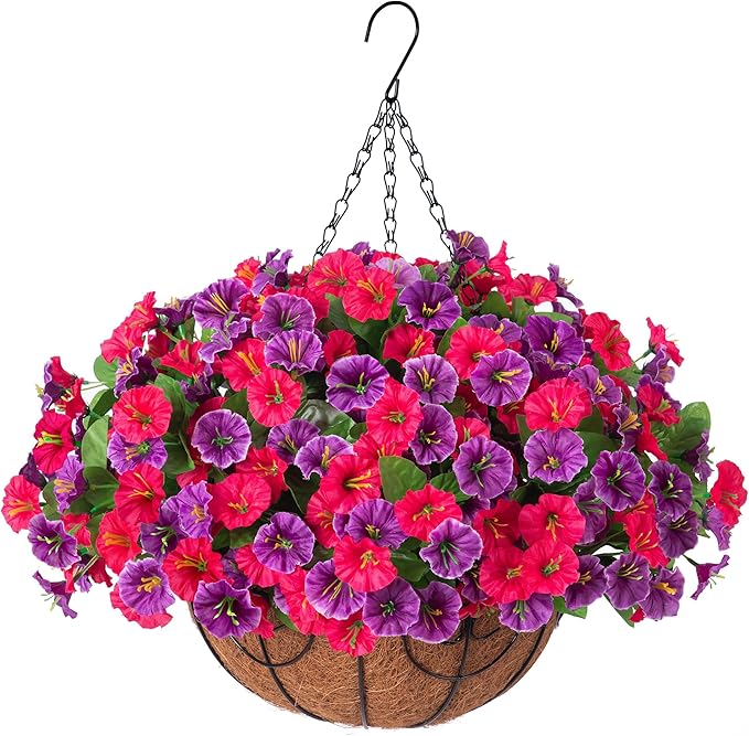 Artificial Fake Hanging Flowers with Basket, Faux Silk Morning Glory Flower Arrangement for Spring Summer Decor, Hanging Plant for Patio Garden Porch Outdoor Decor