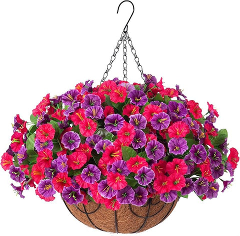 Artificial Fake Hanging Flowers with Basket, Faux Silk Morning Glory Flower Arrangement for Spring Summer Decor, Hanging Plant for Patio Garden Porch Outdoor Decor