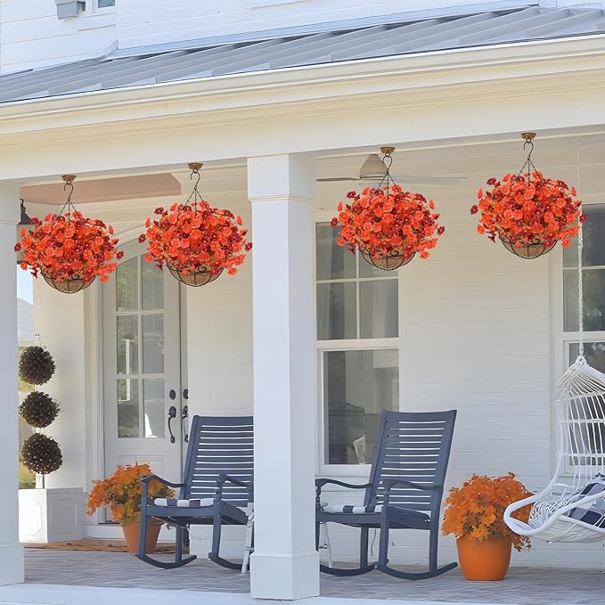 2 Set Artificial Hanging Flowers Plants Basket for Outdoors Fall Decorations, 24 Pcs UV Resistant Faux Morning Glory Fake Petunias with 2 Hanging Planter for Home Porch Balcony Garden Decor