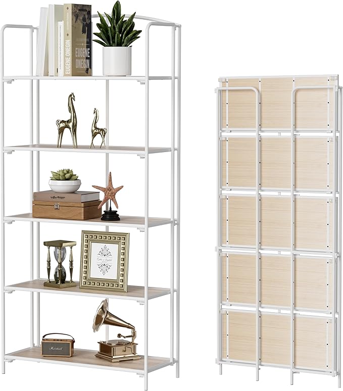 Crofy No Assembly Folding Bookshelf for Living Room, 5 Tier White Collapsible Book Shelf for Home Office, Portable Bookcase Storage Organizer