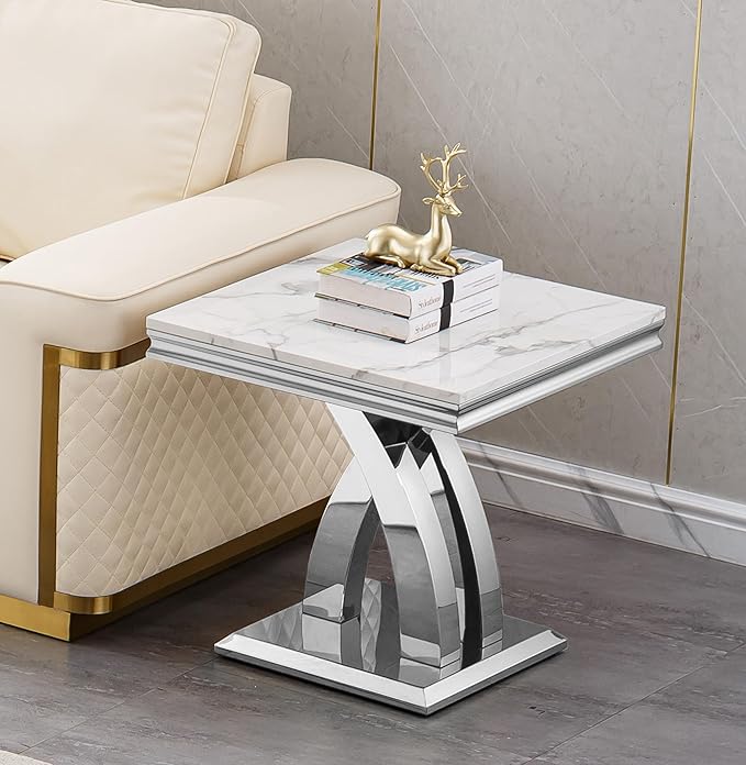 Modern Marble End Table, White and Silver Side Table with X Stainless Steel Base, Luxury Faux Marble Top Accent Bed Side Table Sofa Table for Living Room, Bedroom