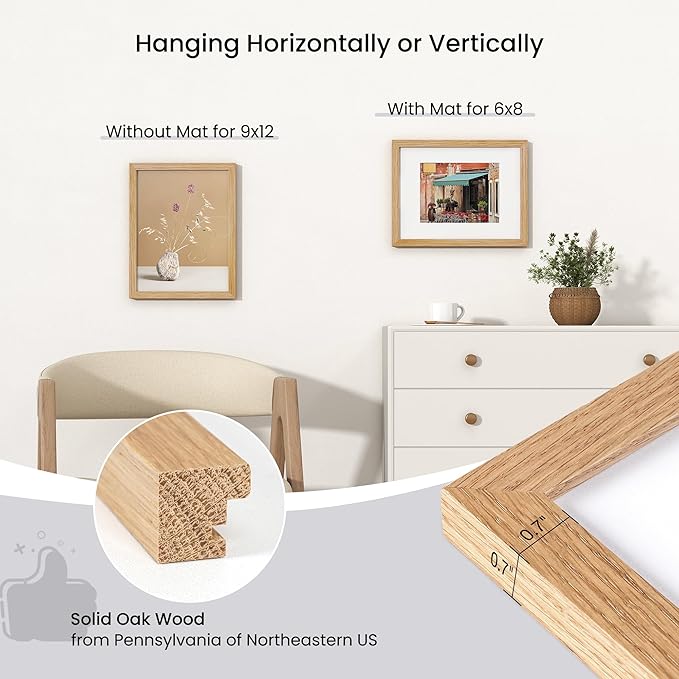 Axeman 9x12 Picture Frame | Solid Oak Wood 9 By 12 Photo Frame With Mat for 6x8 | 9''x12'' Wood Frame | Tempered Glass and Hanging Hardware Included Home Wall Decor Hanging Frame | Natural