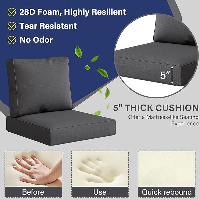 UIXE Outdoor Deep Seat Cushion Set with Slipcovers, Patio Furniture Cushions & Back Pillow, Water-Resistant Outdoor Cushion Cover Backyard Sectional Sofa Cushions for Bistro Chair - Gray