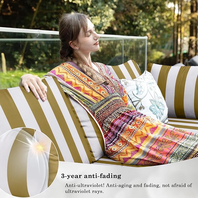 Outdoor Furniture Replacement Cushions, 14 Pcs Water-Resistant Replacement Sofa Cushion for Patio Garden Porch (Liner&Cover,Only Cushions No Sofa) (Yellow and White Stripes)