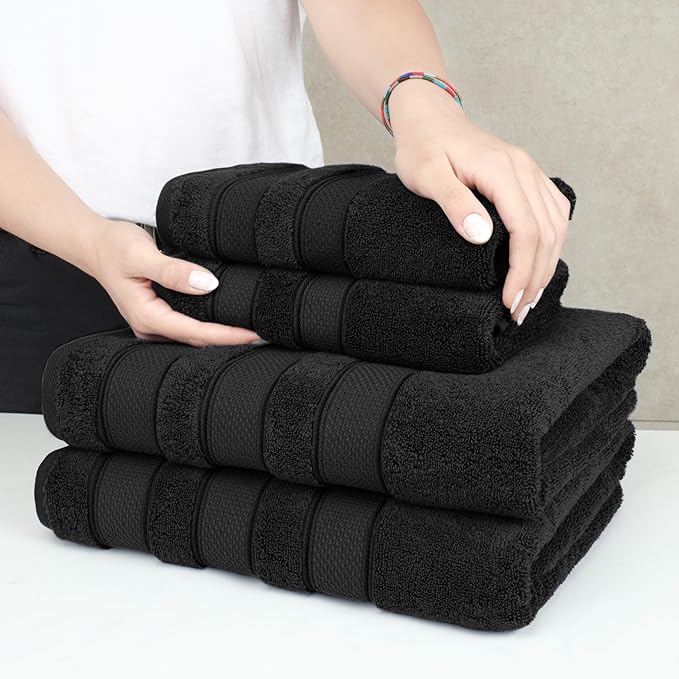 American Soft Linen Salem Turkish Bath Towel Set, 100% Cotton 600 GSM 6 Piece Towels for Bathroom, 2 Bath Towels 2 Hand Towels 2 Washcloths, Black