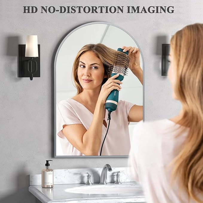 28" x 36" Silver Arched Mirror, Large Arch Bathroom Vanity Mirror, Modern Aluminum Alloy Metal Frame Arch Mirror for Living Room, Bedroom, Entryway, Tempered Glass, Shatter Proof, Anti-Rust
