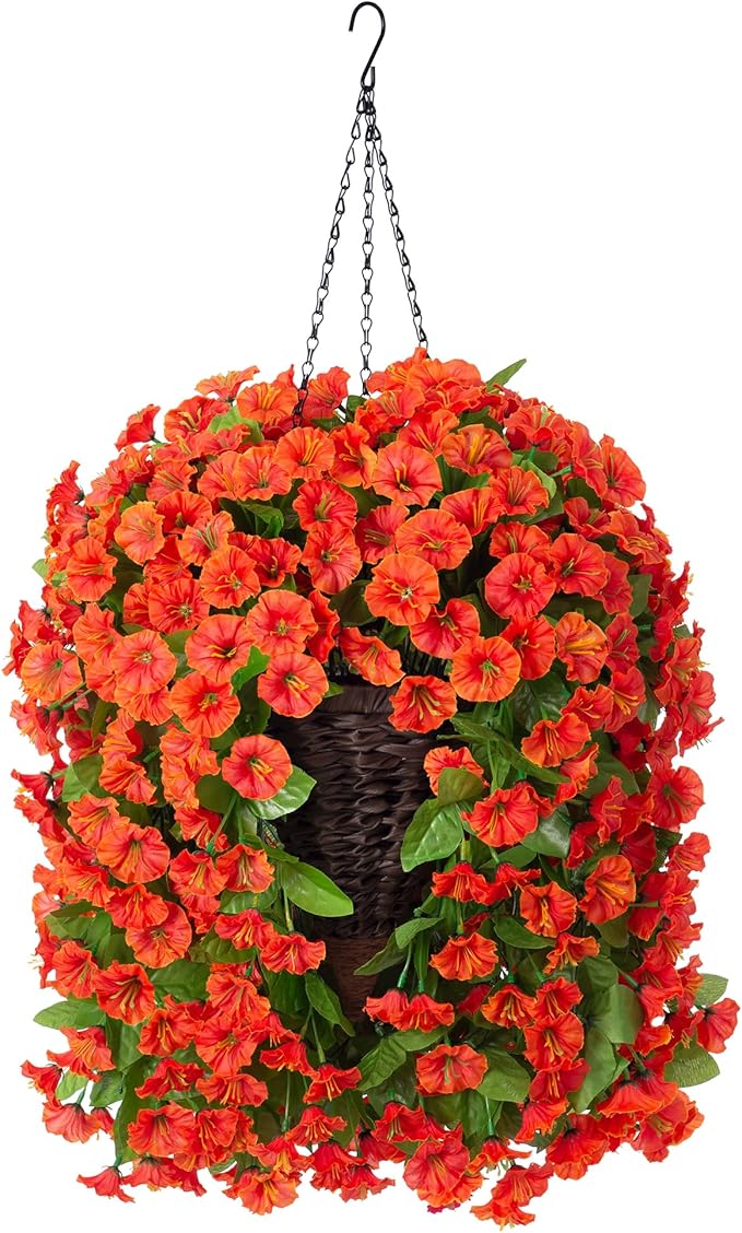 Artificial Fake Fall Hanging Flowers Plants with Basket for Outdoor Decor, Faux Silk Realistic Morning Glory Floral Arrangement Planter UV Resistant for Outside Porch Patio Balcony Garden (Orange)
