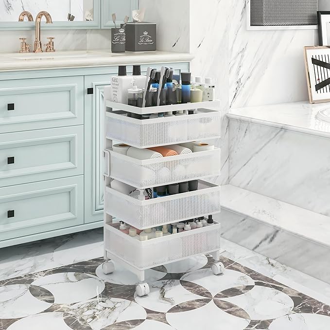 Fruit Basket for Kitchen No Assembly, Rolling Rotating Storage cart,Bathroom Shelf,Storage Drawer Cart for Bathroom,Metal Vegetable Rolling cart(Bright White, 4 Tier-Square)