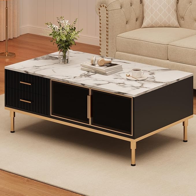 Coffee Table, Black Center Table for Living Room, Modern Large Coffee Tables with Storage 4 Drawers & 2 Glass Door Storage, Faux Marble Top, Gold Metal Leg, Hidden Compartment for Reception Room