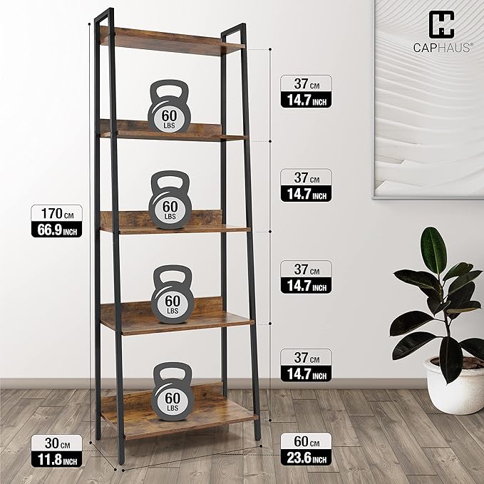 CAPHAUS 5 Tier Ladder Bookshelf, 24 Inch Width Free Standing Shelf, Bookcase Shelf Storage Rack Organizer, Industrial Book Shelves for Home Office, Living Room, Kitchen, Rustic Oak, Vintage Shelves