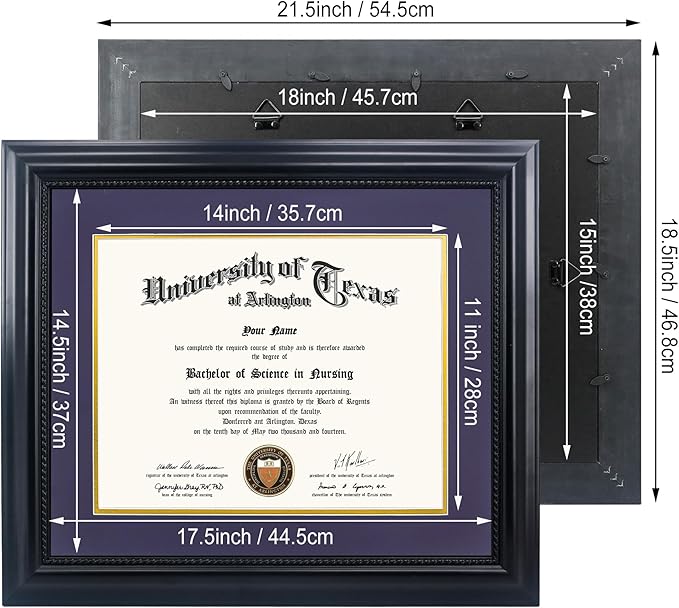 11x14 Diploma Degree Frame with Purple Mat or Display 15x18 Certificates without Mat,Solid Wood,Black Finish with Intricate Black Rope Detail,UV Protection Acrylic