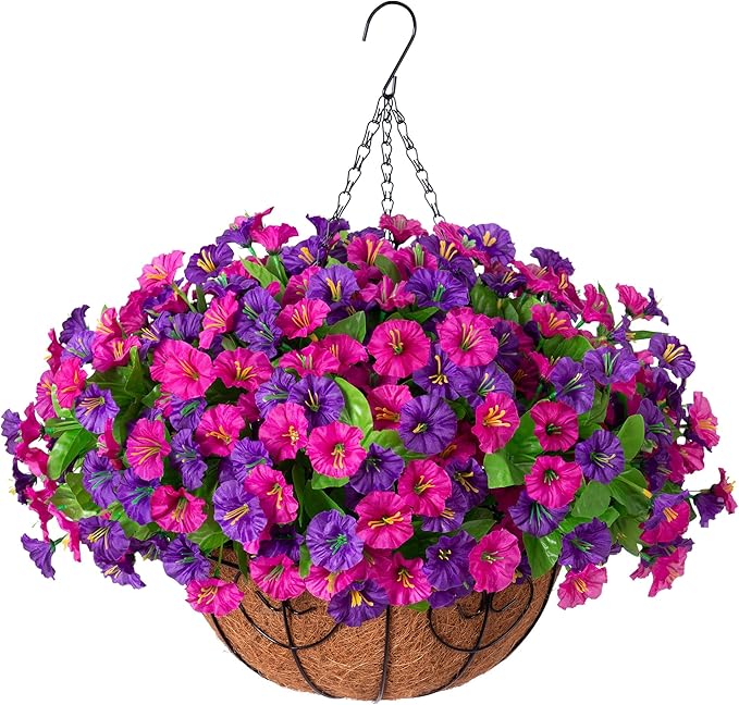 Artificial Fake Hanging Flowers with Basket, Faux Silk Morning Glory Flower Arrangement for Spring Summer Decor, Hanging Plant for Patio Garden Porch Outdoor Decor