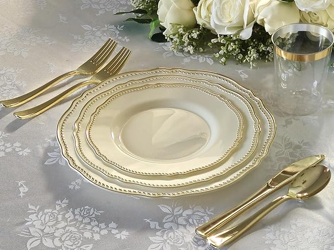 " OCCASIONS " 240 Plates Pack,(120 Guests) Heavyweight Premium Disposable Plastic Plates Set -120 x 10.25'' Dinner + 120 x 7.5'' Salad/Dessert (Rochelle Ivory and Gold)