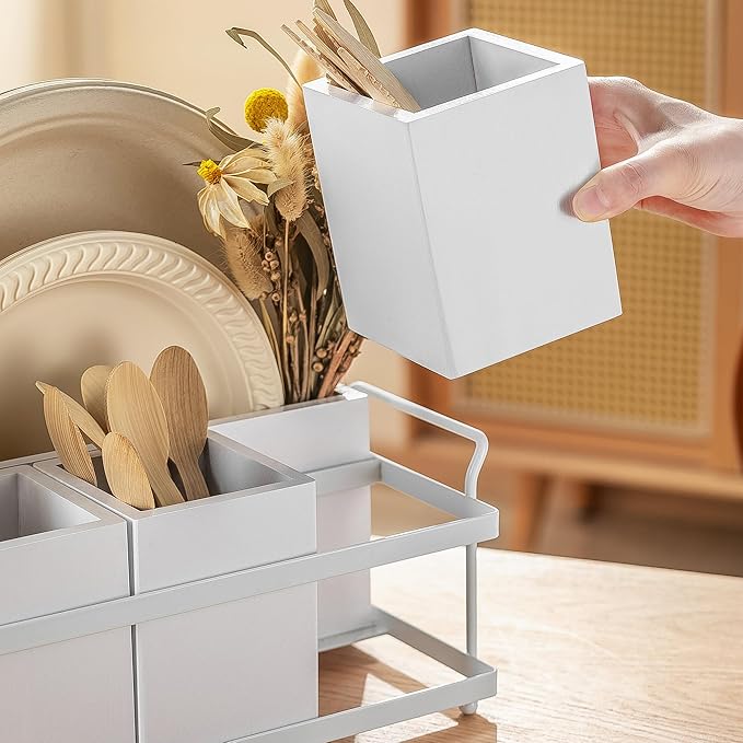 PTSTING Silverware Caddy White Wood Flatware Holder Paper Plate Dispenser Silverware Utensil Caddy Cutlery Flatware Organizer Box for Spoons Forks Plates Napkins