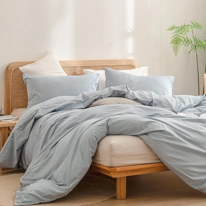 BESTOUCH Duvet Cover Set 100% Washed Cotton Linen Feel Super Soft Comfortable Chic Lightweight 3 PCs Home Bedding Set Solid Cornflower Blue Super King Plus