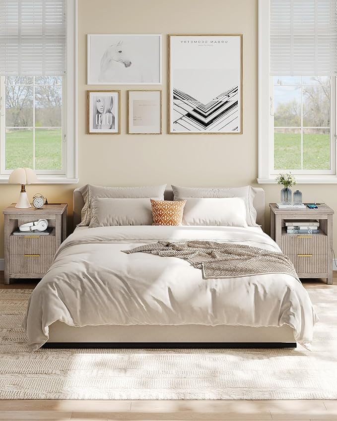 Fluted Nightstand Set of 2, End Table with Charging Station and 2 Drawers, Farmhouse Nightstands with Fluted Panel, Engineered Wood Side Table for Bedroom Greige MBZ06UP2FH