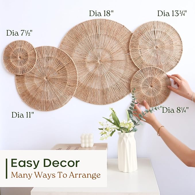 CHI AN 18 Inch Boho Wall Decor – Set of 5 Woven Jute Wall Baskets, Boho Wall Art & Decorative Basket Set, Farmhouse Wall Hanging, Handwoven Wall Plates for Living Room, Bedroom – 18", 14", 11", 8", 7"