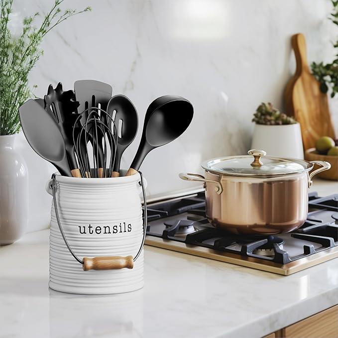 Barnyard Designs Ceramic Farmhouse Kitchen Utensil Holder for Countertop, Decorative Kitchen Utensil Crock for Counter, Spatula Holder, 6" White