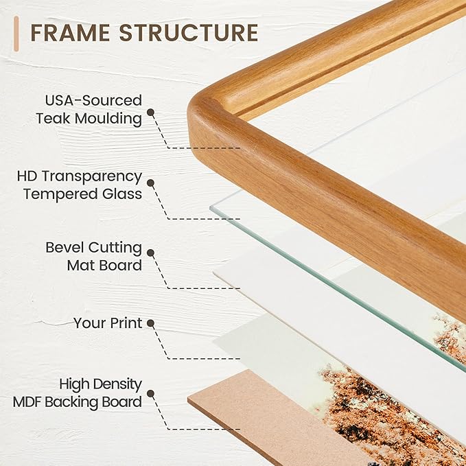 11x14 Picture Frame, Solid Teak Wood Frame with Real Glass, Hard Wood 11 by 14 Photo Frame for Wall & Tabletop Display, 11x14 Picture Frame Matted to 8x10, Natural Teak Color