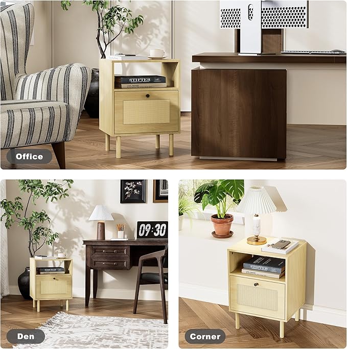 Rattan Nightstand with Storage Boho Modern Farmhouse Bedside Table with Drawer & Open Shelf Light Wood End Table for Bedroom, Living Room, Office, Dorm - Natural Walnut 0ak Color