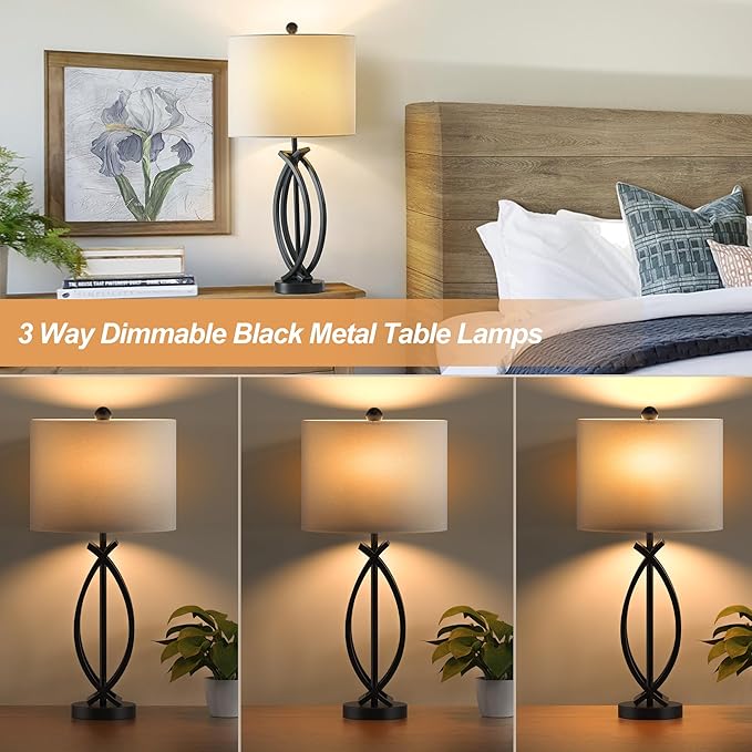 26" Industrial Table Lamps Set of 2, 3-Way Dimmable Farmhouse Nightstand Lamps Black Metal Bedside Lamps with White Shade for Living Room Bedroom, End Table Desk Lamp for Home Office