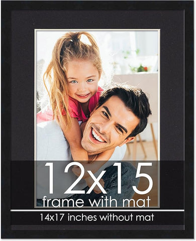 12x15 Frame with Mat - Black 14x17 Frame Wood Made to Display Print or Poster Measuring 12 x 15 Inches with Black Photo Mat