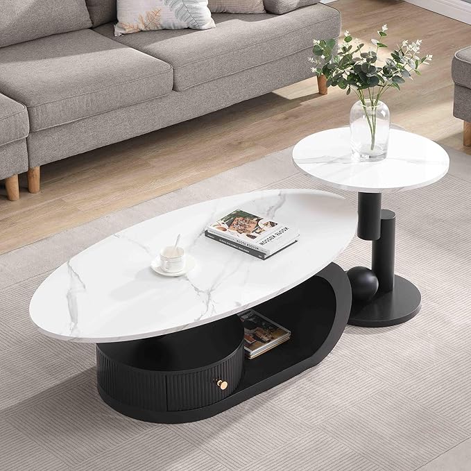 Marble Nesting Coffee Table Set of 2,Modern Oval Center Tea Table and Round Side Nightstand Set w/Drawer andFaux Marble Top and Metal Frame for Living Room Accent Furniture (Black White)