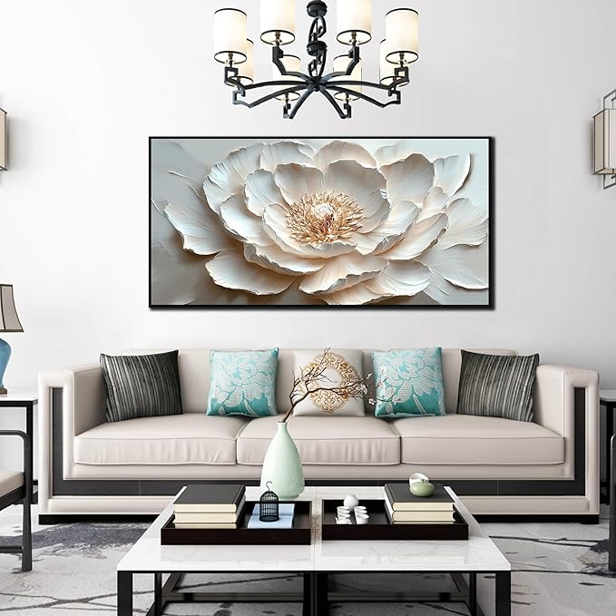 Flower Art Wall Decor for Living Room - White Canvas Wall Art for Office - Large Black Framed Wall Art for Bedroom Size 29" x 59"