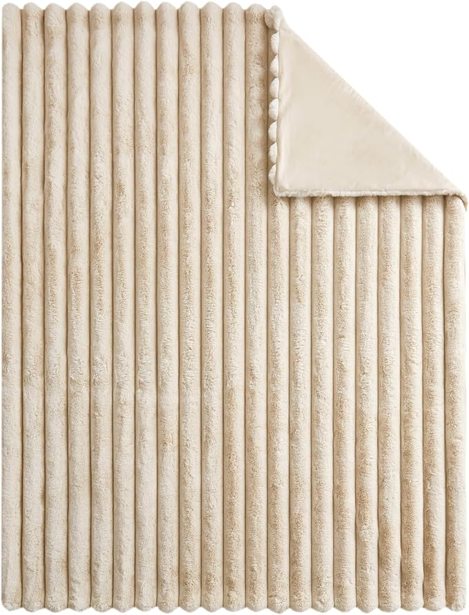 WDCOZY Faux Fur Throw Blanket Striped Super Soft Cozy Fluffy Luxurious Blankets Couch Bed Sofa Chair Home Decor Warm Furry Fall Winter Plush Lightweight Rabbit Fur Bubble Blanket 50" x 60", Beige