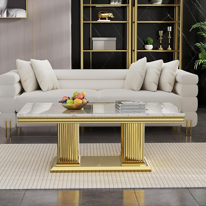 SSLine Rectangular Faux Marble Coffee Table for Living Room Modern Luxury White Marble Center Table with Gold Pedestal Base 46.8" Mid-Century Cocktail Table with Mirrored Stainless Steel Frame