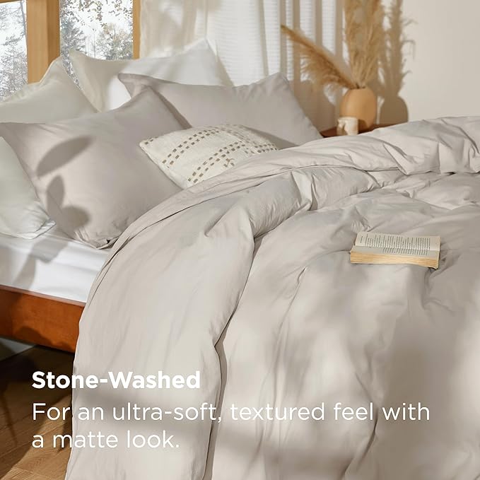 Bedsure 100% Stone Washed Cotton Duvet Cover King Size - Oatmeal Minimalist Cotton Duvet Cover Linen Like for All Seasons - GentleSoft™ Plain Simple Bedding, 3 Pieces (Oatmeal, King, 104"x90")
