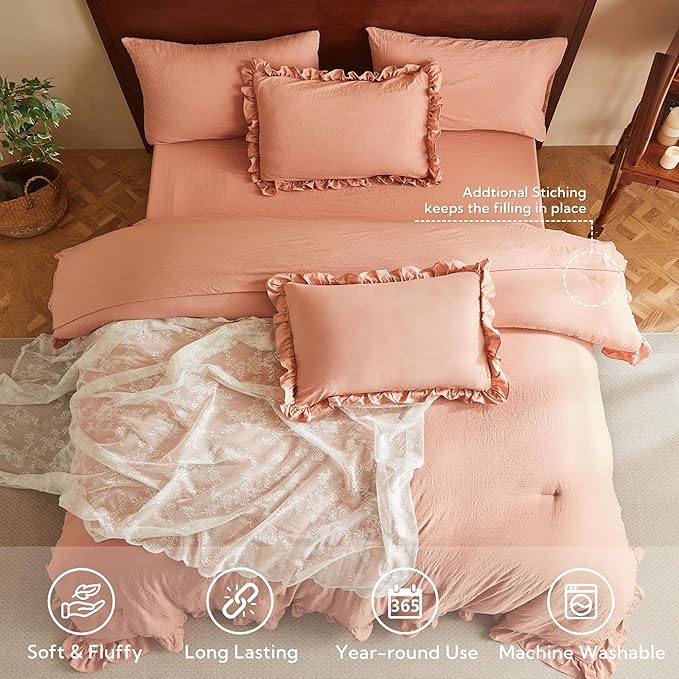 MR&HM King Comforter Set 7 Pieces, Soft Ruffled Bedding Set Coral Pink, Farmhouse Shabby Chic Bed in a Bag with 1 Comforter, 1 Flat Sheet, 1 Fitted Sheet, 2 Pillowcases & 2 Pillow Shams
