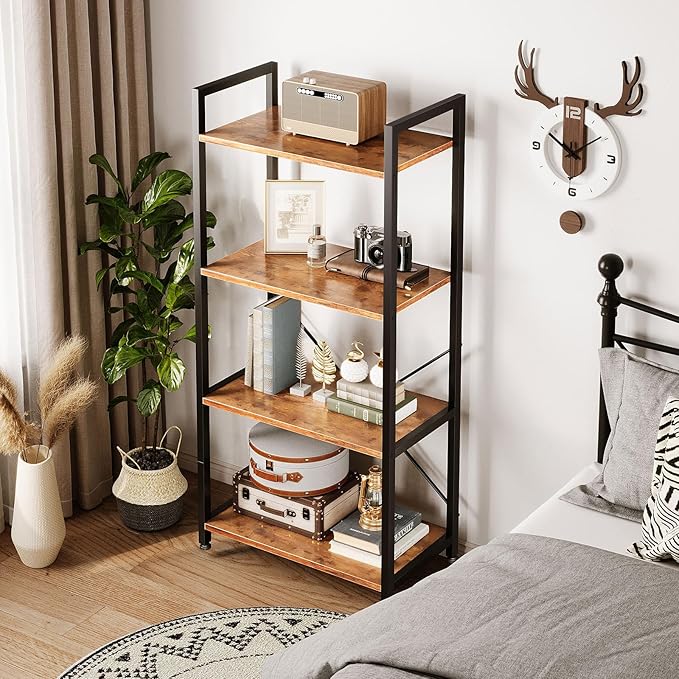 Casaottima Book Shelf, 4 Tier Bookshelf, Modern Wood Bookcase Shelves for Bedroom, Industrial Display Shelf for Living Room Home Office Kitchen, Standing Shelving Unit Storage Organizer, Vintage