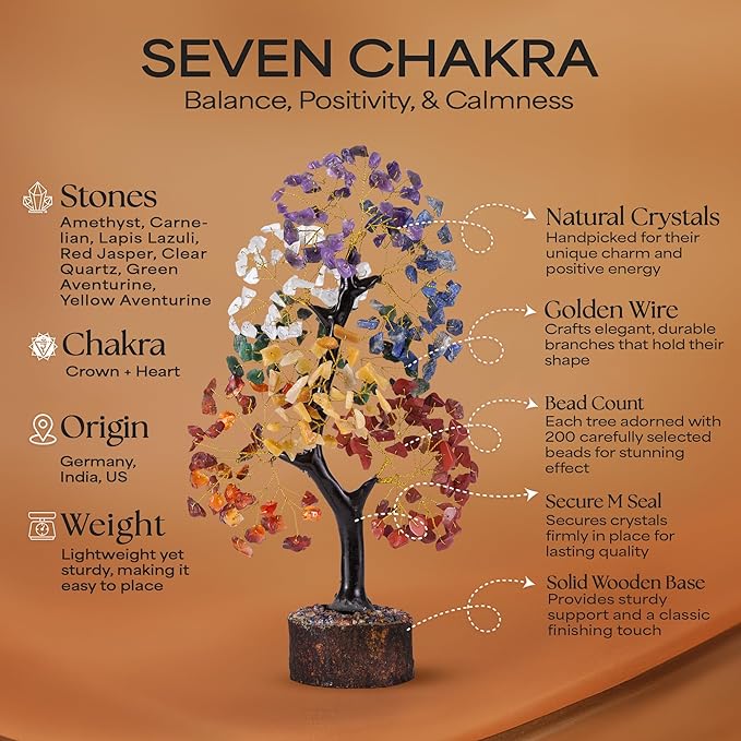 Crystal Tree of Life with Seven Chakra Tumble Hanging, 7 Chakra Healing Crystal Tree, Office Desk Decor, Room Decor, Bonsai Trees for Positive Energy, Money, Good Luck Birthday Gifts for Women 10-12"