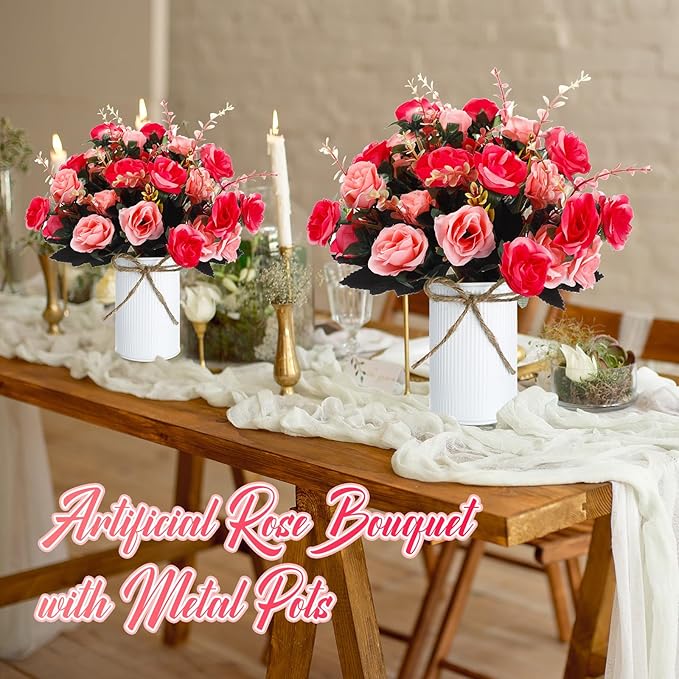 Domensi 3 Sets Wedding Centerpiece for Table Artificial Rose with Vase Fake Bouquets and Metal Pot Floral Arrangements for Holiday Party Event Table Decor (Rose Red)