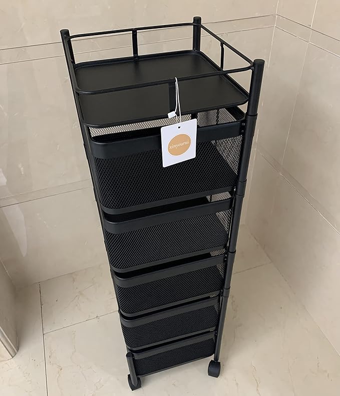 Fruit and Vegetable Basket for Kitchen No Assembly， Rotating Storage Rack,Bathroom Storage Shelf, Kitchen Organizers and Storage Cart on Rolling Wheels(Black, 5 Tier-Square)
