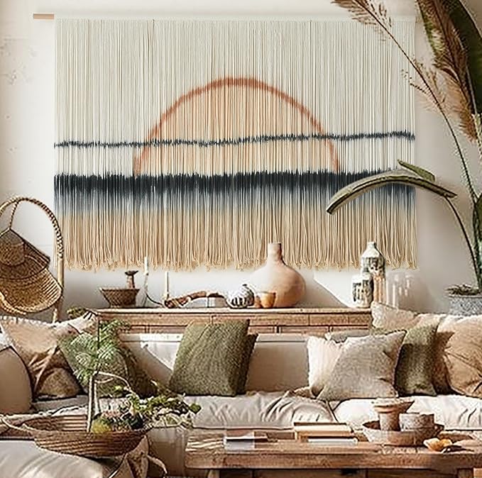 Macrame Wall Hanging Large Sunset Dip Dye Boho Tapestry Handmade Woven Cotton Wall Art for Bedroom, Living Room, Above Bed Neutral Modern Minimalist Decor 57" Wx35" L