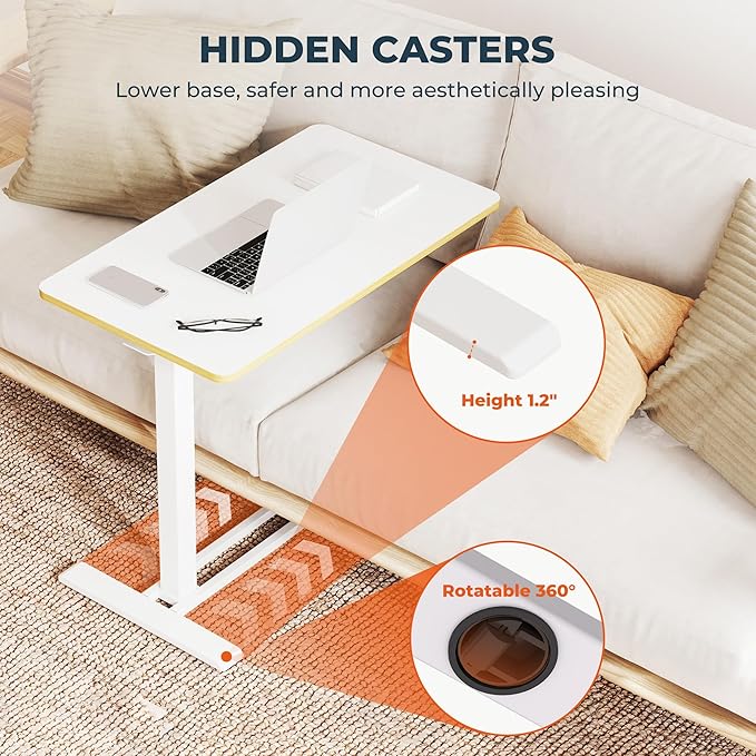 Medical Overbed Adjustable Bedside Table with Hidden Casters, Pneumatic Mobile Rolling Laptop Standing Desk with Tray for Home and Hospital Use, White