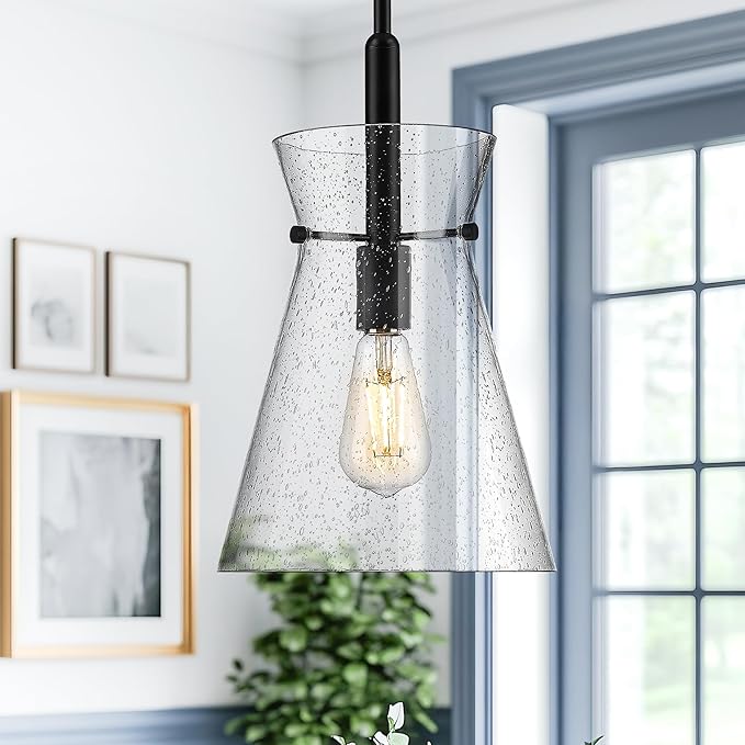 Emak 9 Inch Large Pendant Lights Kitchen Island, Black Pendant Light Fixtures with Seeded Glass Shade, Modern Farmhouse Island Lights for Kitchen, Dining Room, PL130-BK-SG