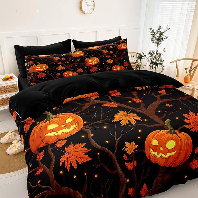 Black Pumpkin Bedding Happy Halloween Comforter Set Orange Pumpkin Lantern Spooky Ghost Festival Theme Black Halloween Bedding Set Queen Size