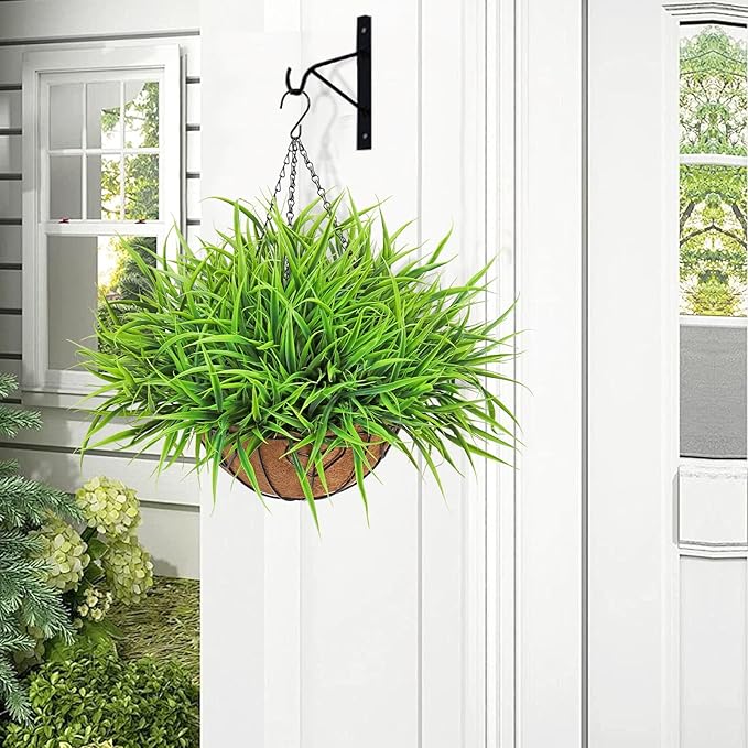 KHOYIME 2 Set Artificial Hanging Plants Basket for Outdoors Indoor, Faux Green Grass Baskets Fake Greenery Stems Planters UV Resistant Spring Summer Decor for Home Garden Porch Balcony Patio Yard