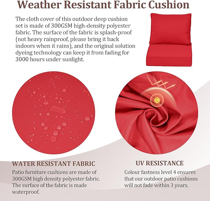 Waterproof Outdoor Chair Cushion Set of 4, 24x24x5 IN Deep Seat Patio Cushions with Fade Resistant Removable Cover,Outdoor Cushions for Patio Furniture with Ties&Handle for Chair Sofa Couch,Red