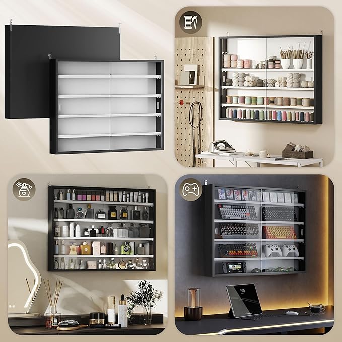 HOMCOM 5-Tier Display Cabinet, Glass Door Cabinet with Adjustable Shelves, Wall-Mounted Display Case for Playroom, Bedroom, Black and White
