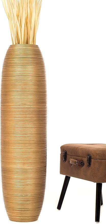 LEEWADEE Large Floor Vase – Handmade Flower Holder Made of Wood, Sophisticated Vessel for Decorative Branches and Dried Flowers, 43 inches, Golden